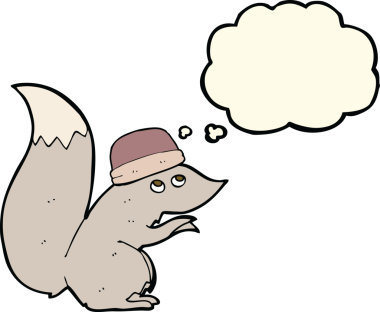 Bir insan tarafından çizilmiş düşünce baloncuklu şapka takan bir sincap.