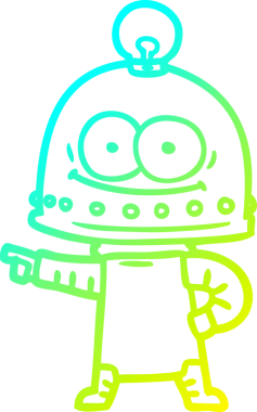 Bir insan tarafından çizilmiş ampullü mutlu bir robot çizimi.