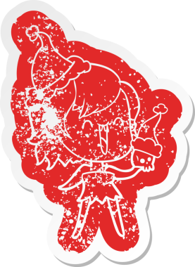 Mutlu vampir bir kızın insan tarafından çizilmiş Noel Baba şapkası giydiği garip bir karikatür.