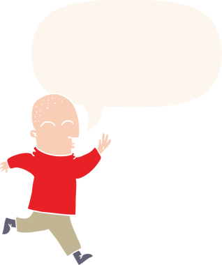 Bir insan tarafından çizilmiş eski usul konuşma baloncuğu ile koşan çizgi film adamı