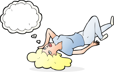 Bir insan tarafından çizilmiş düşünce baloncuğuyla yerde yatan çizgi film kadını.