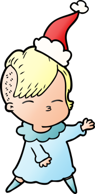 Bir insan tarafından çizilmiş Noel Baba şapkası giyen şaşı bir kızın el çizimi karikatürü.