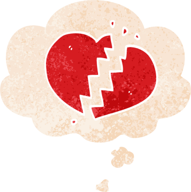 Kırık kalp karikatürü. Düşünce baloncuğu ve grunge. İnsan tarafından çizilmiş derili eski moda.