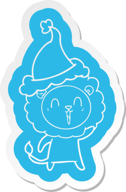 Gülen aslan çizgi film çıkartması Noel Baba şapkası giyen bir insan tarafından çizilmiş.