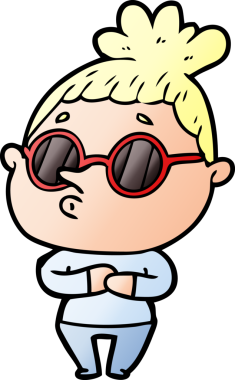 Bir insan tarafından çizilmiş güneş gözlüğü takan çizgi film kadını.