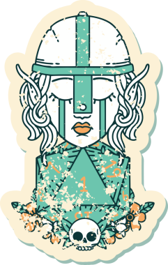 Retro Tattoo Tarzı Üzgün Elf Savaşçısı Karakteri Bir insan tarafından çizilmiş d20 ruloyla