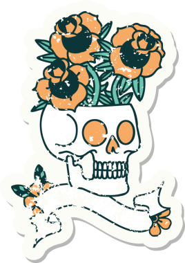 Bir insan tarafından çizilmiş kafatası ve güllerle süslenmiş eski bir etiket.