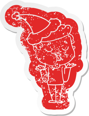 Garip bir çizgi film, konuşan, omuzlarını silken, Noel Baba şapkası takan bir adamın sıkıntılı çıkartması.