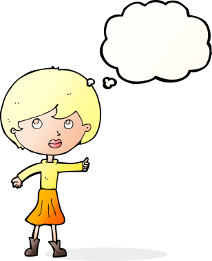 Çizgi filmdeki kadın bir insan tarafından çizilmiş düşünce balonuyla soru soruyor.