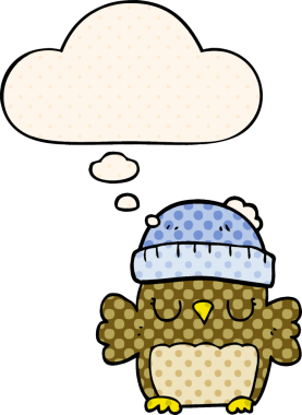 Bir insan tarafından çizilmiş çizgi roman tarzında düşünce baloncuğu olan şapkalı sevimli bir baykuş.