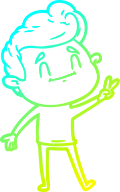 Bir insan tarafından çizilmiş barış işareti veren mutlu bir çizgi film karakterinin soğuk gradyan çizimi.