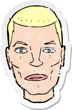 Bir insan tarafından çizilmiş ciddi bir erkek yüzü karikatürünün gerilimli retro yapıştırması.