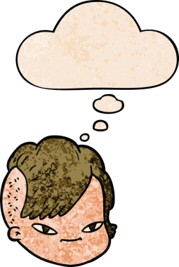 Bir insan tarafından çizilmiş grunge desenli düşünce baloncuklu kadın yüzü.