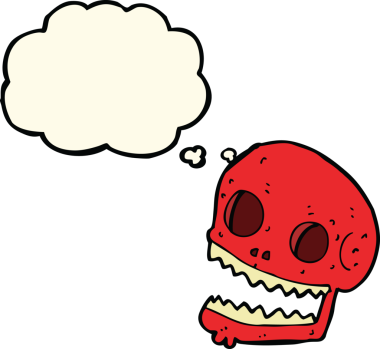 Bir insan tarafından çizilmiş düşünce baloncuklu garip kafatası.