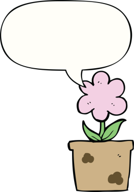 Bir insan tarafından çizilmiş konuşma baloncuğu olan sevimli bir karikatür çiçeği.