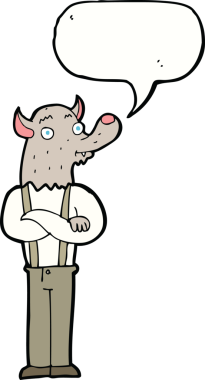 Bir insan tarafından çizilmiş konuşma balonu olan çizgi film dostu kurt adam.