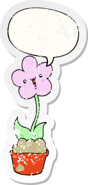 Konuşma baloncuğu olan sevimli bir karikatür çiçek bir insan tarafından çizilmiş sıkıntılı eski bir çıkartma