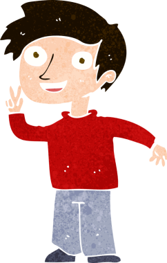 Bir insan tarafından çizilmiş bir fotoğraf için poz veren çizgi film çocuğu.