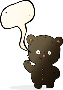 Bir insan tarafından çizilmiş konuşma balonlu siyah ayı yavrusunu sallayan çizgi film.