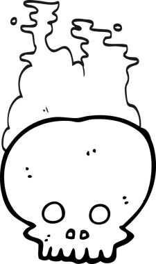 Bir insan tarafından çizilmiş siyah beyaz buharlı kafatası çizimi.