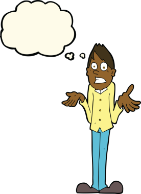 Bir insan tarafından çizilmiş düşünce baloncuğuyla omuzlarını silkeleyen çizgi film adamı.