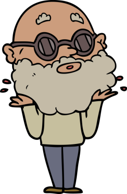 Bir insan tarafından çizilmiş sakallı ve güneş gözlüklü meraklı bir adam.