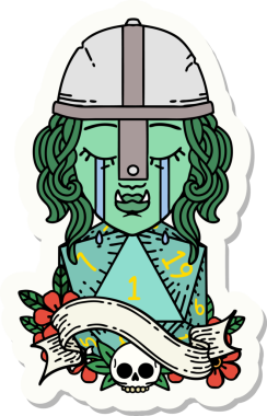 Ağlayan bir Ork savaşçı karakterinin çıkartması. Doğal bir d20 rulo ile bir insan tarafından çizilmiş.