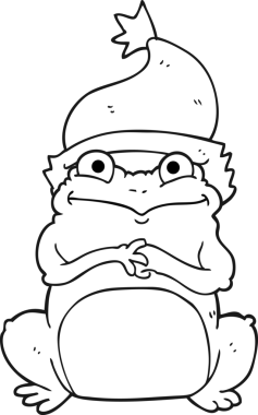 Bir insan tarafından çizilmiş Noel şapkası takan siyah beyaz bir kurbağa çizildi.