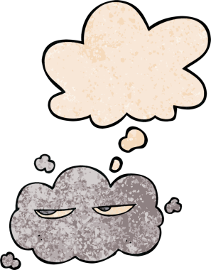 Bir insan tarafından çizilmiş grunge doku tarzında düşünce baloncuğu olan sevimli çizgi film bulutu.