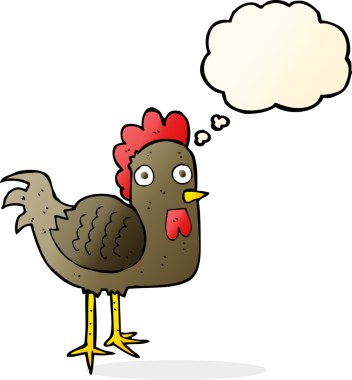 Bir insan tarafından çizilmiş düşünce balonlu çizgi film tavuğu.