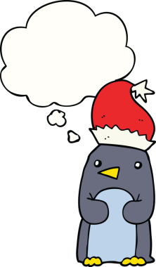 Bir insan tarafından çizilmiş düşünce baloncuğu olan sevimli bir Noel pengueni.