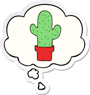 Düşünce baloncuğu insan tarafından çizilmiş bir çıkartma olan çizgi film kaktüsü.