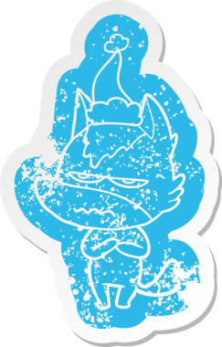 Bir insan tarafından çizilmiş Noel Baba şapkası takan kızgın bir kurdun garip karikatürü.