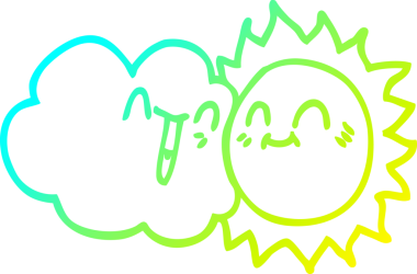 Bir çizgi filmin soğuk gradyan çizimi mutlu güneş ve bir insan tarafından çizilmiş bulut