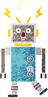 Bir insan tarafından çizilmiş arızalı bir robotun retro çizim tarzı karikatürü