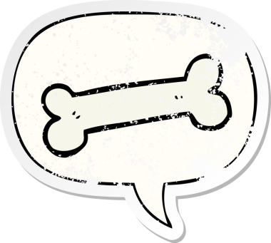 Konuşma baloncuğu olan çizgi film kemiği bir insan tarafından çizilmiş sıkıntılı eski bir çıkartma