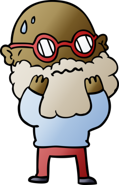 Bir insan tarafından çizilmiş sakallı ve gözlüklü endişeli bir adam.