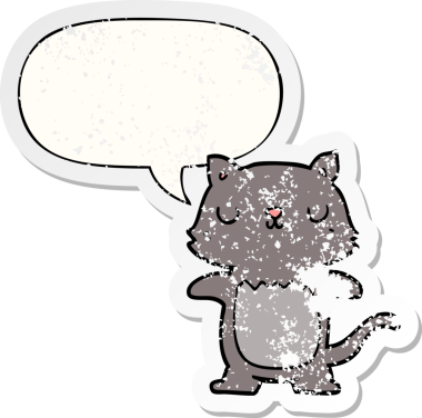 Konuşma baloncuğu olan çizgi film kedisi bir insan tarafından çizilmiş sıkıntılı eski bir çıkartma