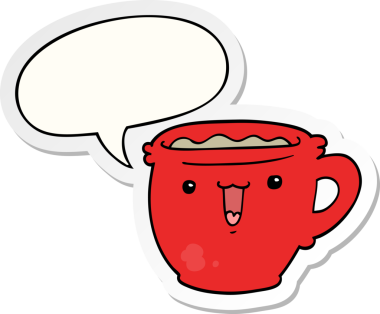 Bir insan tarafından çizilmiş baloncuk çıkartmalı şirin çizgi film kahve fincanı.