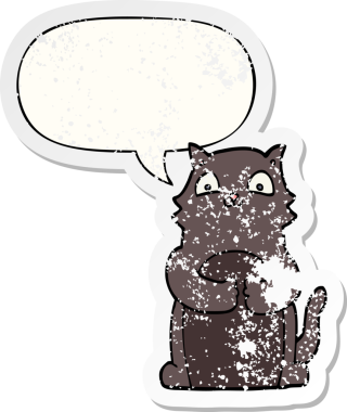 Konuşma baloncuğu olan çizgi film kedisi bir insan tarafından çizilmiş sıkıntılı eski bir çıkartma