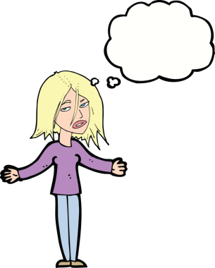 Bir insan tarafından çizilmiş düşünce baloncuğuyla omuz silken çizgi film kadını.