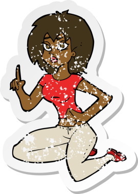 Bir insan tarafından çizilmiş bir fikri olan, karikatürde oturan bir kadının gerilimli çıkartması.