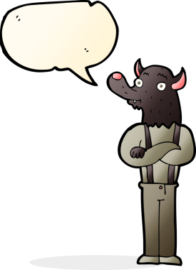 Bir insan tarafından çizilmiş konuşma balonu olan çizgi film dostu kurt adam.