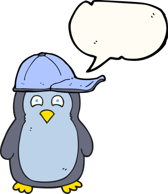 Bir insan tarafından çizilmiş şapkalı penguen serbest konuşma balonu çizimi.