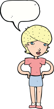 Bir insan tarafından çizilmiş konuşma balonlu elleri olan çizgi film kadını.