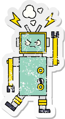 Bir insan tarafından çizilmiş sevimli bir robot çizgi film çıkartması.