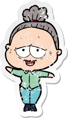 Bir insan tarafından çizilmiş mutlu, yaşlı bir kadının sıkıntılı çıkartması.