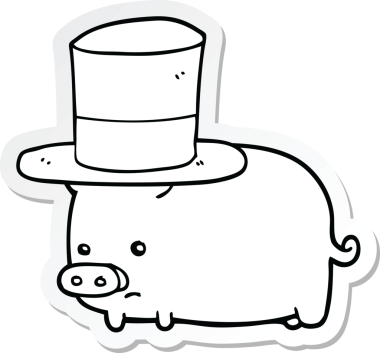 Bir insan tarafından çizilmiş silindir şapkalı domuz çıkartması.