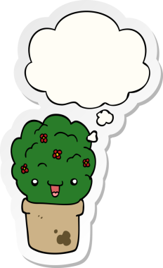 Bir insan tarafından çizilmiş bir çıkartma olarak düşünce baloncuğu ile saksıda karikatür çalılığı