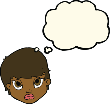 Karikatür somurtan kadın. Düşünce baloncuğu insan tarafından çizilmiş.